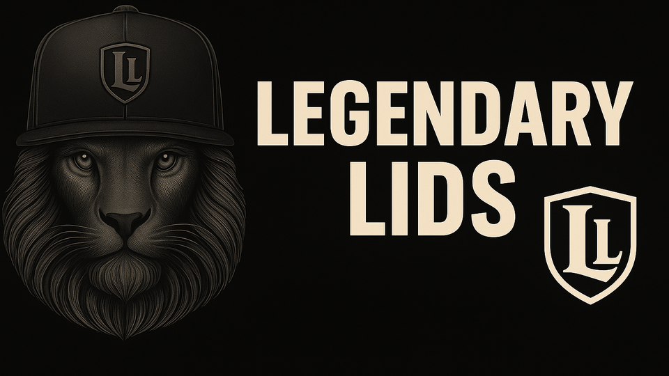 Black cap with lion design and 'Legendary Lids' branding on a black background
